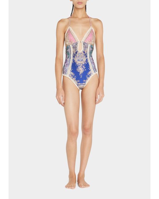 Zimmermann Anneke Halter Keyhole Crochet Onepiece Swimsuit in Blue Lyst