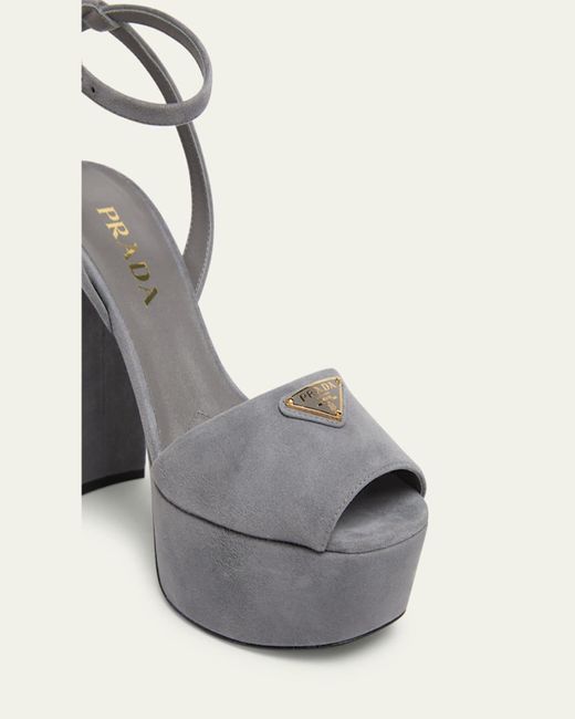 Prada White Triangle Logo Suede Ankle-Strap Platform Sandals