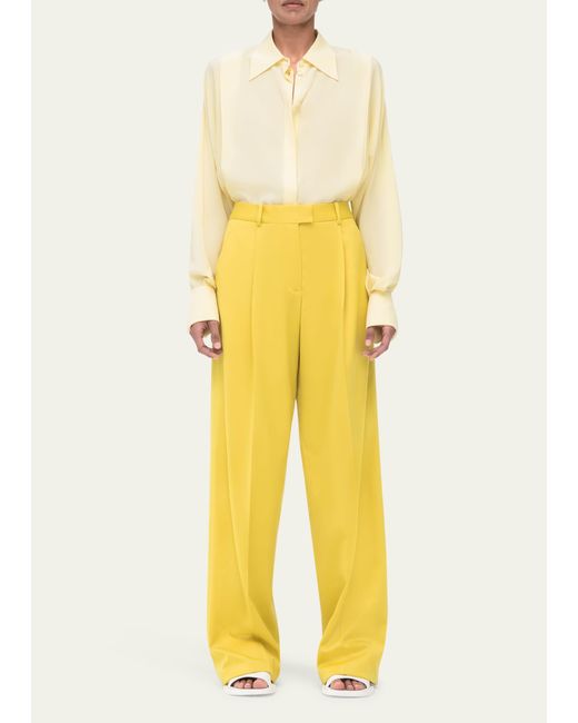Another Tomorrow Yellow Pleated Wide-leg Wool Pants