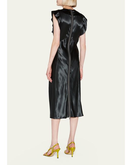 Bottega Veneta Black Frill-trim Satin Midi Dress