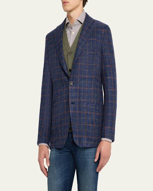 Kiton Blue Windowpane Tweed Patch-Pocket Sport Coat for men
