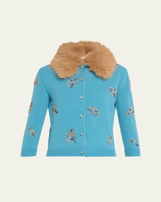Valentino Garavani Blue Floral Crystal Wool Faux Fur Trimmed Cardigan