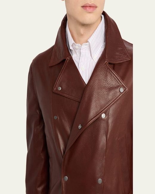 Brunello Cucinelli Brown Double-Breasted Grained Leather Jacket for men