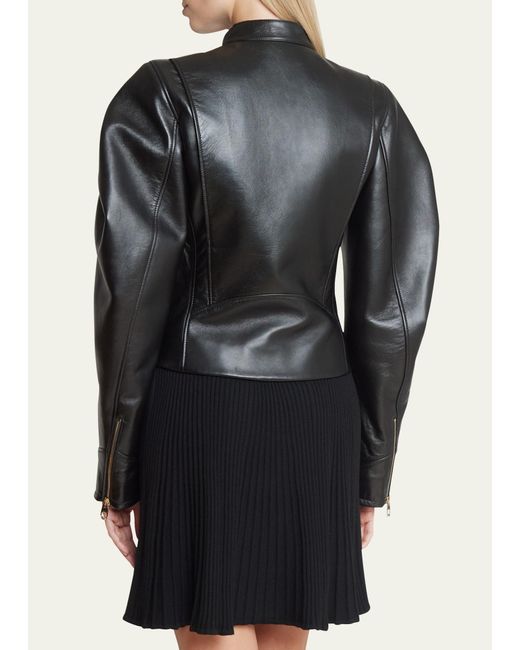 Chloé Black Plonge Leather Biker Jacket With Petal Pleated Sleeves