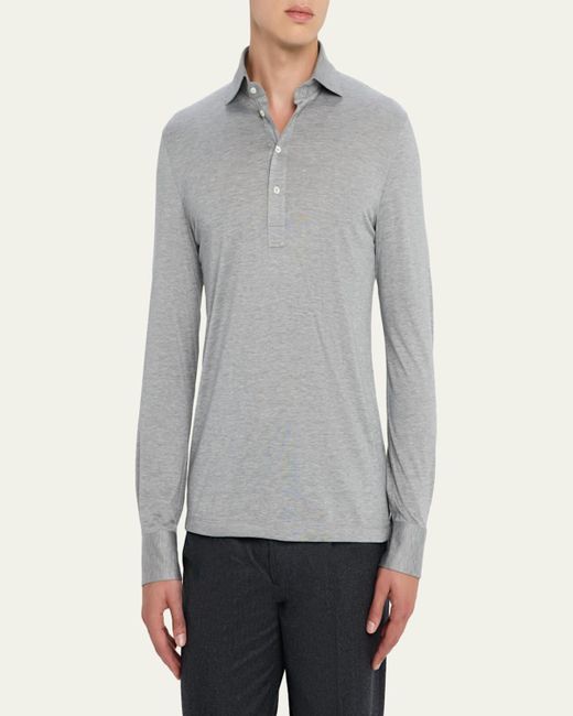Brunello Cucinelli Gray Silk And Cotton Jersey Long-Sleeve Polo Shirt for men