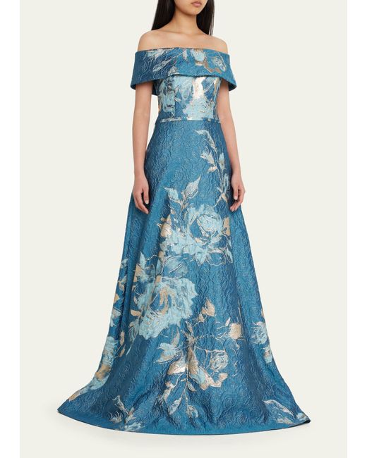 Teri Jon Blue Off-shoulder Metallic Flower Jacquard Gown