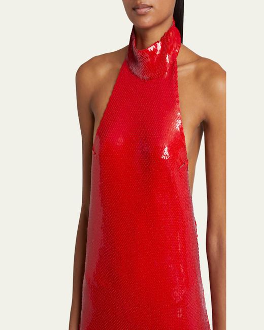 Balmain Red Halter Long Sequined Gown