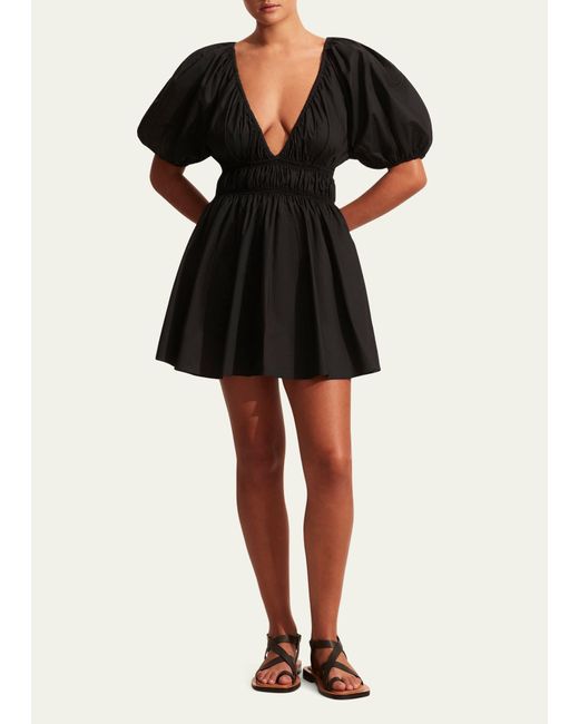 Matteau Black Shirred Plunge Balloon-sleeve Mini Dress