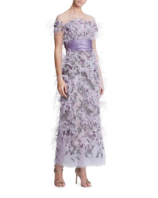 Marchesa Synthetic Ostrich Feather And Crystal-embellished Tulle Midi ...