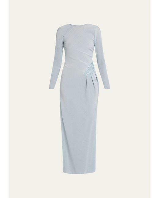 Giorgio Armani Blue Plisse Jersey Gown With Beaded Hip Detail
