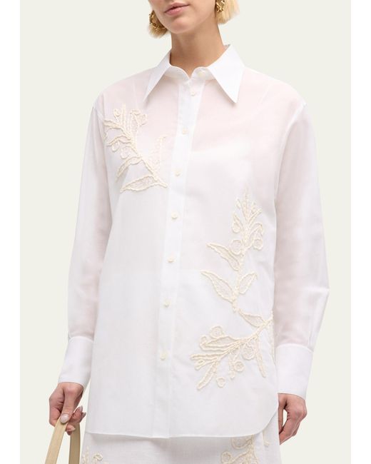 Lafayette 148 New York White Oversized Embroidered Cotton Voile Shirt