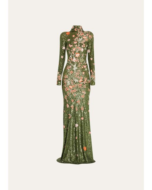 Naeem Khan Green Floral-embroidered Sequin High-neck Gown
