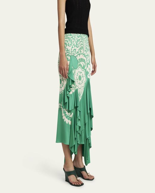 Etro Green Printed Draped Ruffle Maxi Skirt