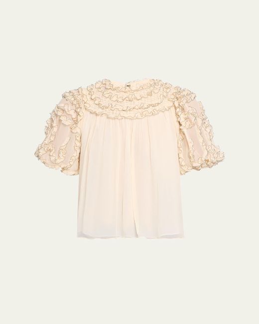 Ulla Johnson Natural Isolda Short-Sleeve Silk Blouse