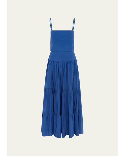 Bird & Knoll Blue Paola Pleated Cotton Maxi Dress
