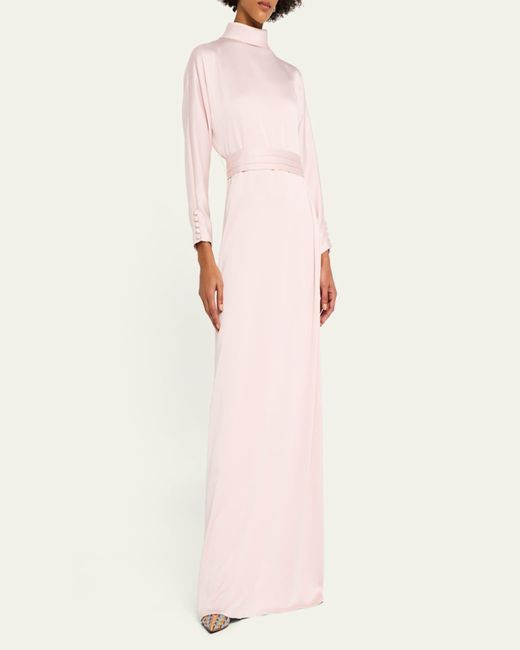 Teri Jon Pink Mock-Neck Crepe Back Satin Gown