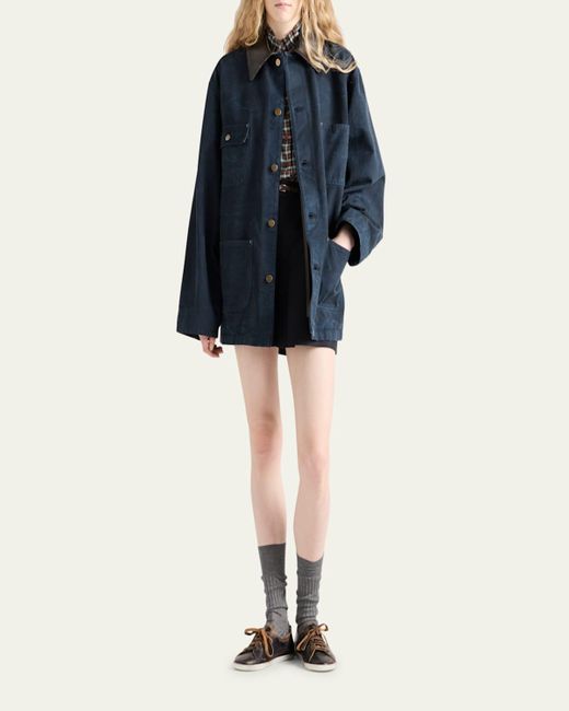 Prada Blue Leather-Collar Canvas Utility Jacket
