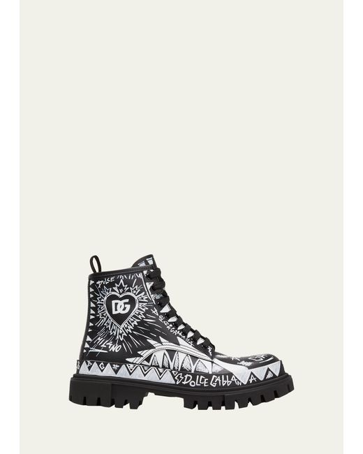 Dolce & Gabbana White Hi-trekking Leather Graffiti-logo Ankle Boots for men