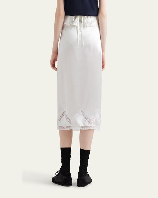 Prada White Drawstring Lace Trim Satin Midi Skirt