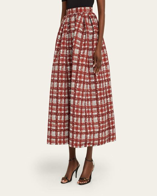 Oscar de la Renta Textured Plaid-Print Pleated Midi Circle Skirt