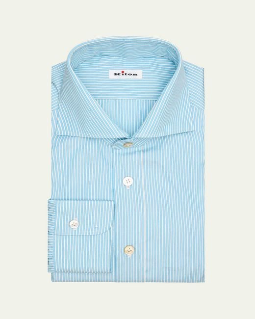 Kiton Blue Pinstripe Cotton Spread Collar Dress Shirt for men