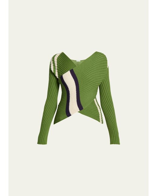 Dries Van Noten Green Ticket Crisscross Ribbed Wool Sweater