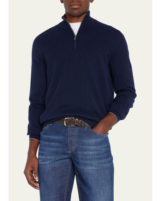 Brunello Cucinelli Blue Cashmere Quarter-zip Sweater for men
