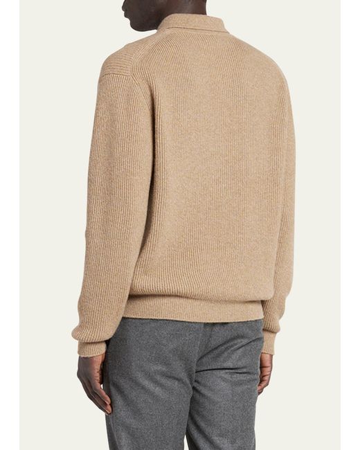 Loro Piana Natural Cashmere Ribbed Polo Sweater for men