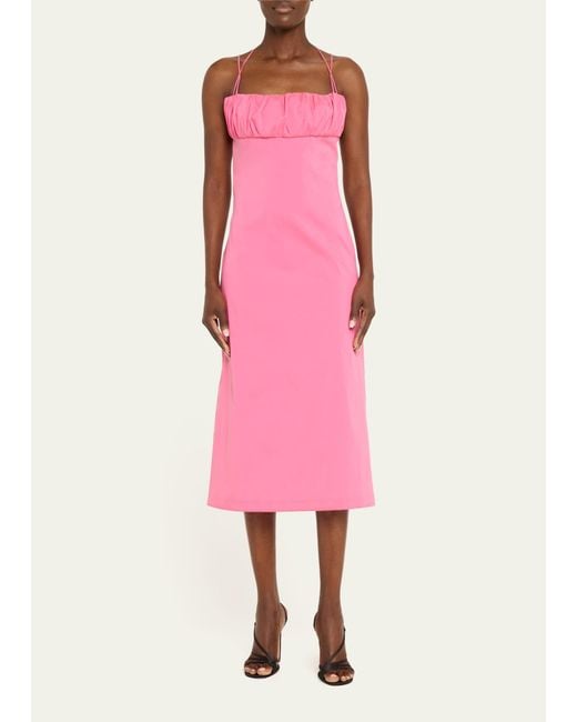 BERNADETTE Pink Ruched Bust Midi Dress