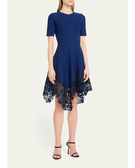 Oscar de la Renta Blue Asymmetric Gardenia Guipure-hem Short-sleeve Knit Dress