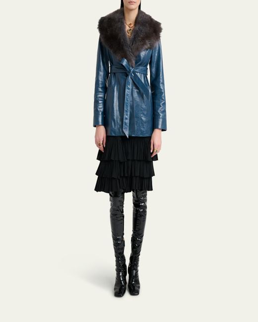 Chloé Blue Lamb Shearling Collar Shiny Leather Short Wrap Coat