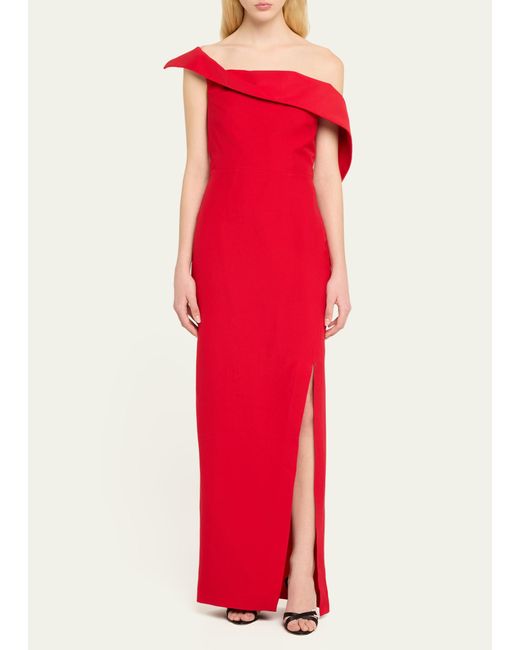 Roland Mouret Red Asymmetric Off-shoulder Wool-silk Maxi Dress