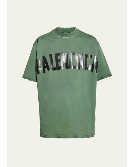 Balenciaga Green Taped-logo Distressed T-shirt for men