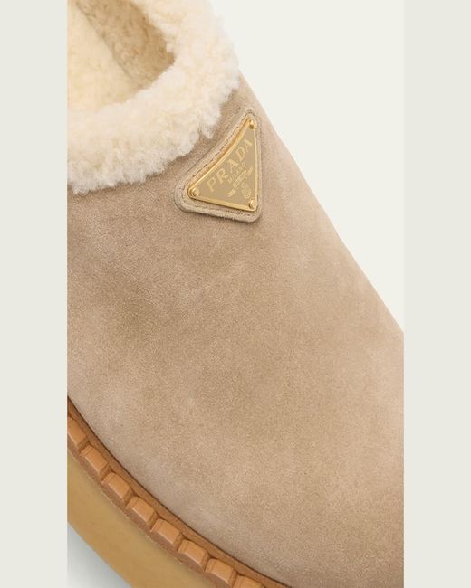 Prada Natural Suede Shearling Cozy Platform Mules