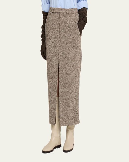 Brunello Cucinelli Natural Diagonal Wool Tweed Midi Sartorial Pencil Skirt