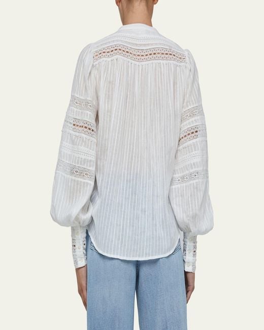 L'Agence White Kiera Semi-Sheer Geometric-Trim Blouse