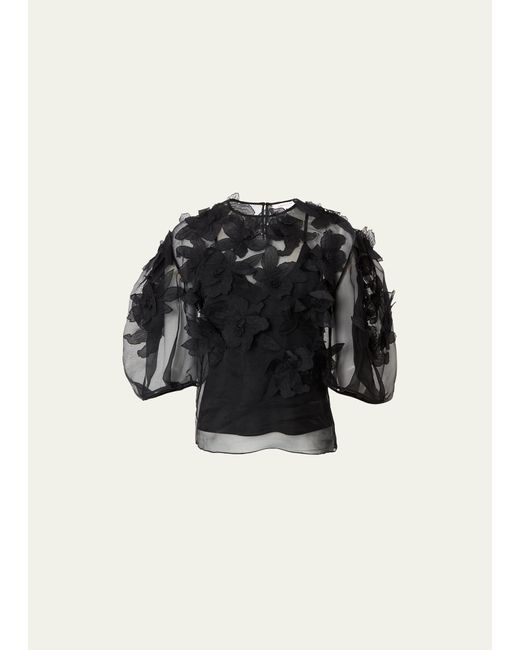 Carolina Herrera Black Floral Embroidered Puff-sleeve Sheer Top