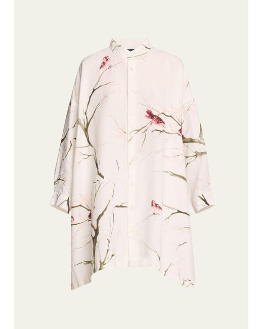 Eskandar Natural Wide A-line Collarless Shirt With Slits (very Long)
