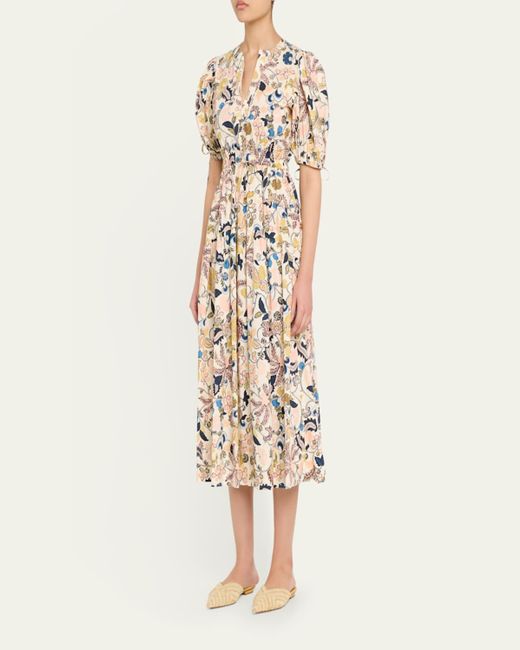 Ulla Johnson Natural Adriana Puff-Sleeve V-Neck Midi Dress