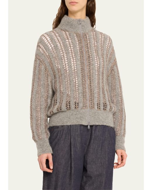 Brunello Cucinelli Natural Mohair Wool Lattice Knit Zip-up Cardigan With Paillette Detail