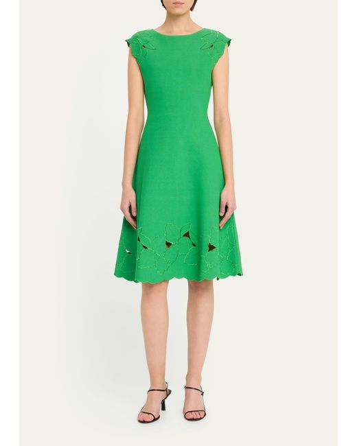 Carolina Herrera Green Knit Flare Dress With Floral Embroidery