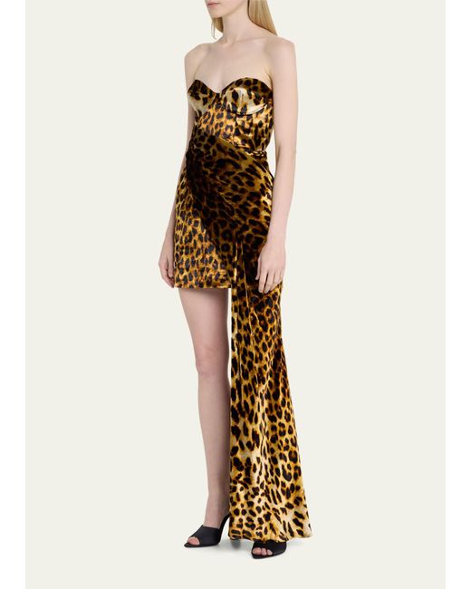 Halpern Natural Leopard Print Bustier Mini Dress With Draped Train