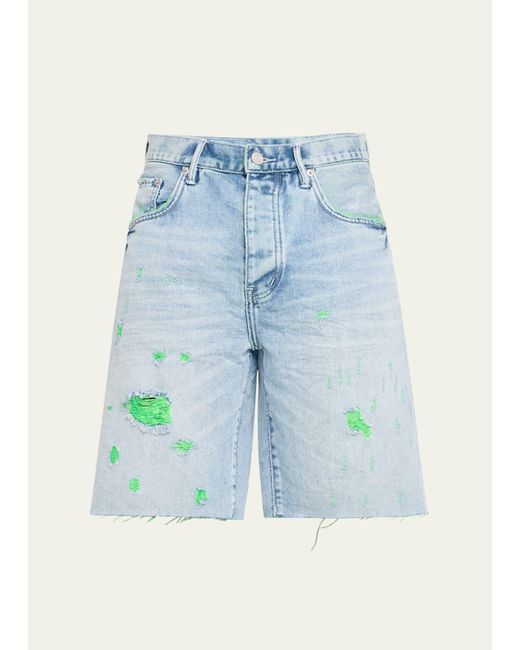 Purple Blue Neon Distressed Relaxed Denim Shorts for men
