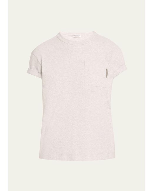 Brunello Cucinelli Pink Monili Tab Pocket Cotton T-shirt