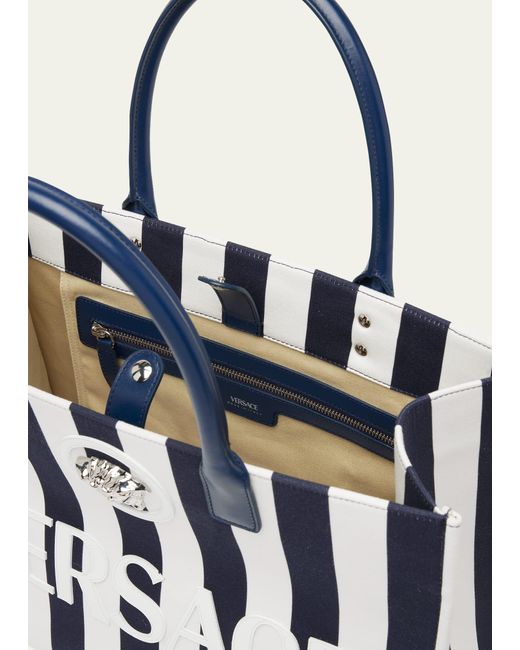 Versace Blue La Medusa Striped Canvas Tote Bag