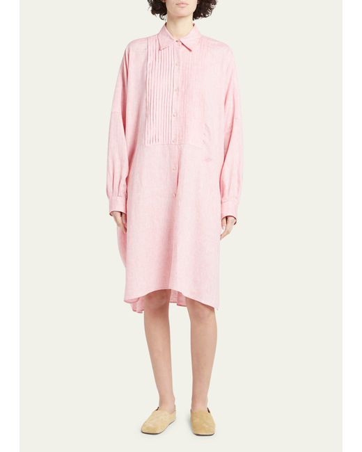 Loro Piana Pink Linen Button-front Shirtdress With Pleated Bib