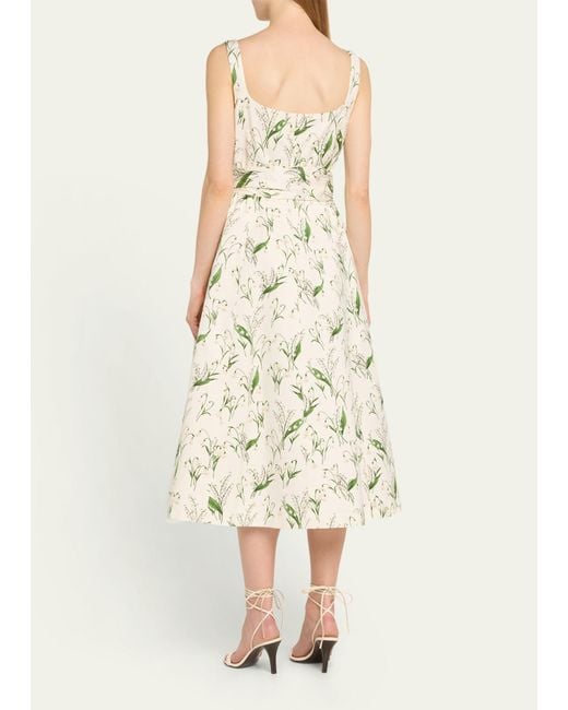 Carolina Herrera White Floral Print Midi Dress With Sash Belt