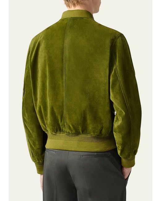 Berluti Green Suede Full-zip Bomber Jacket for men