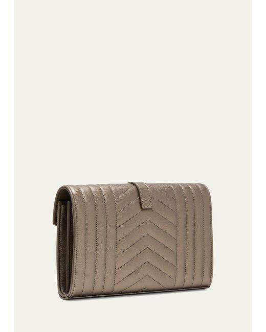 Saint Laurent Natural Envelope Triquilt Ysl Wallet On Chain In Grained Leather