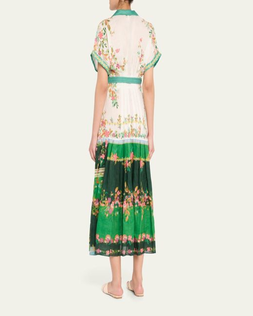 Saloni Red Riya-B Belted Floral Linen Maxi Shirt Dress